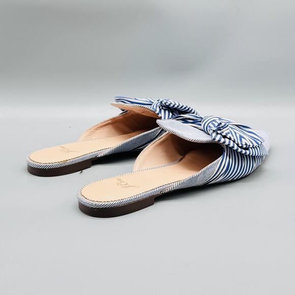 J Crew Sandals Womens 8.5 Blue White Stripes Mules Bow Pointed Toe Slides Flat - Picture 9 of 12